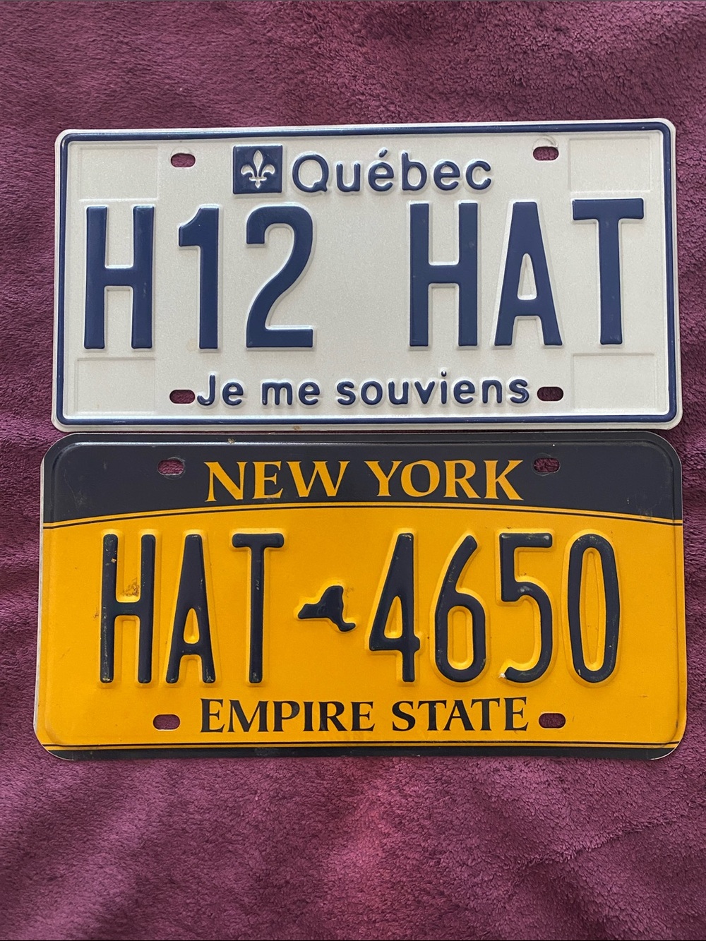 QUEBEC & NEW YORK USA EMPIRE STATE PASSENGER LICENSE PLATE HAT - LOT OF 2